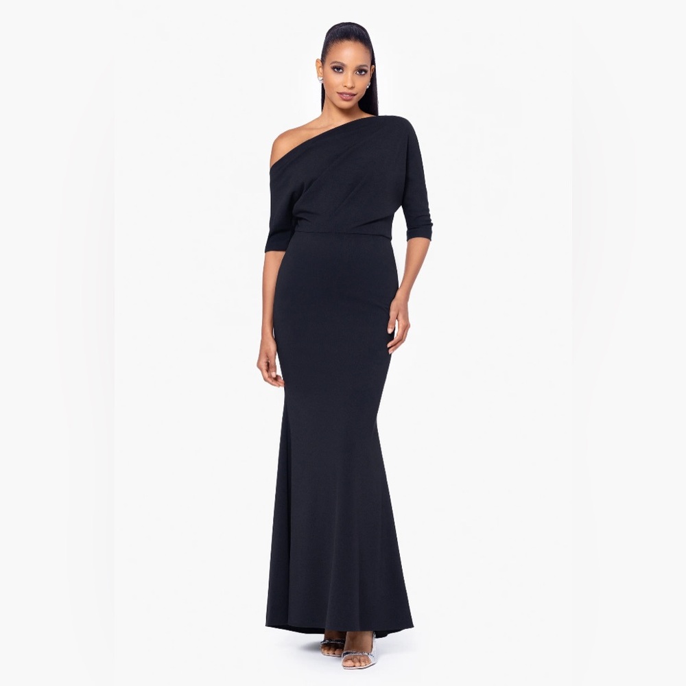 Betsy & Adam MADELINE LONG SCUBA CREPE OFF SHOULDER DRESS. Black size 16. NWT